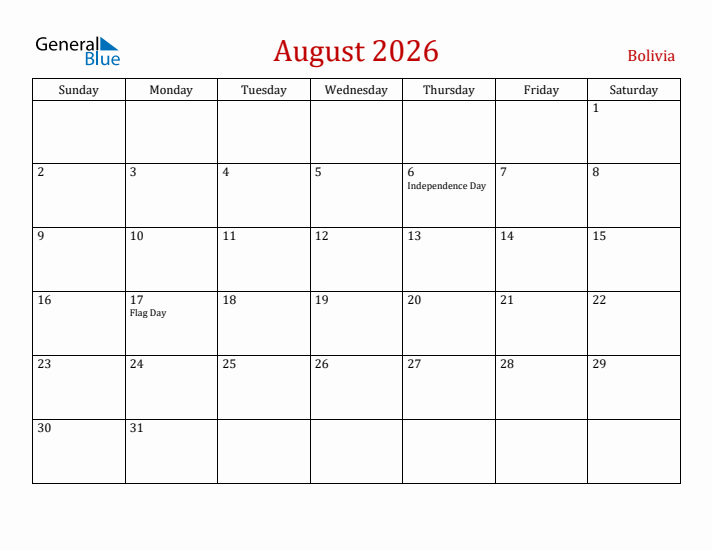 Bolivia August 2026 Calendar - Sunday Start