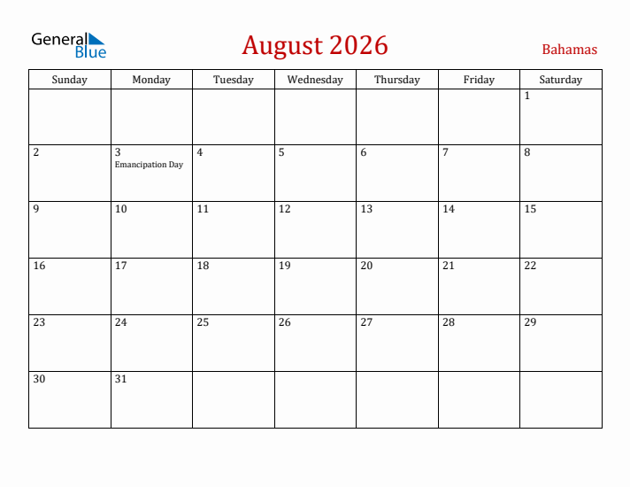 Bahamas August 2026 Calendar - Sunday Start