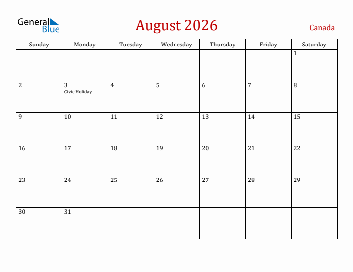 Canada August 2026 Calendar - Sunday Start