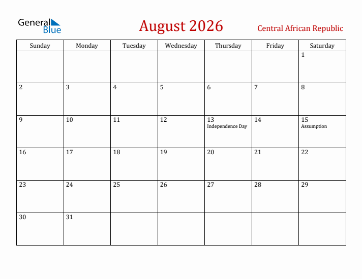 Central African Republic August 2026 Calendar - Sunday Start
