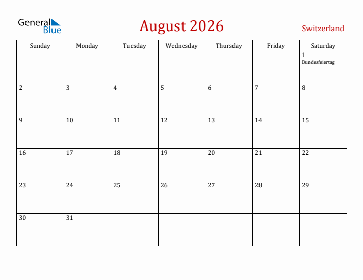 Switzerland August 2026 Calendar - Sunday Start