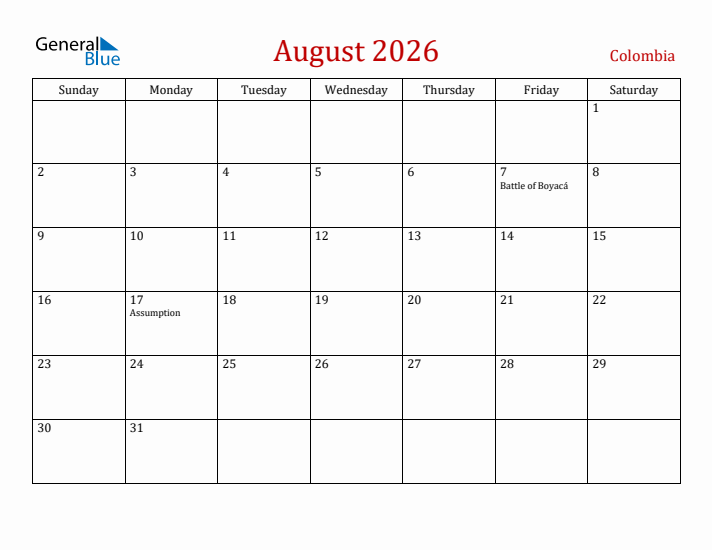 Colombia August 2026 Calendar - Sunday Start