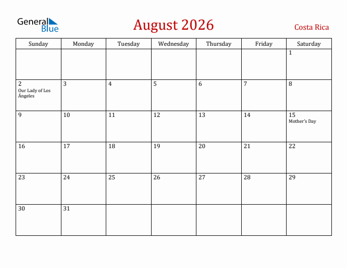 Costa Rica August 2026 Calendar - Sunday Start
