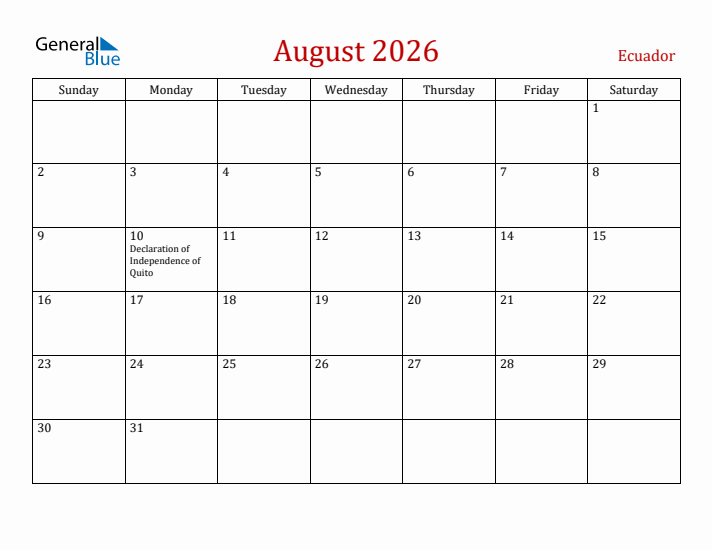 Ecuador August 2026 Calendar - Sunday Start