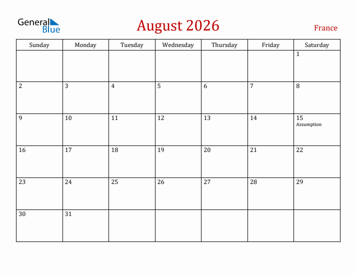 France August 2026 Calendar - Sunday Start