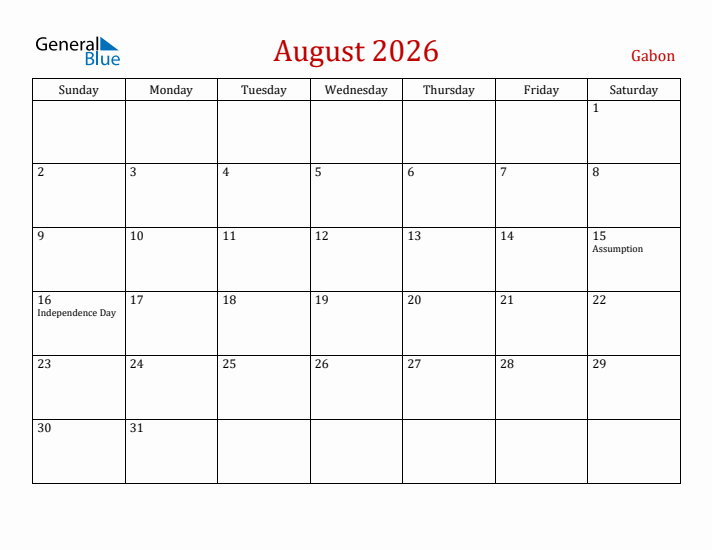 Gabon August 2026 Calendar - Sunday Start
