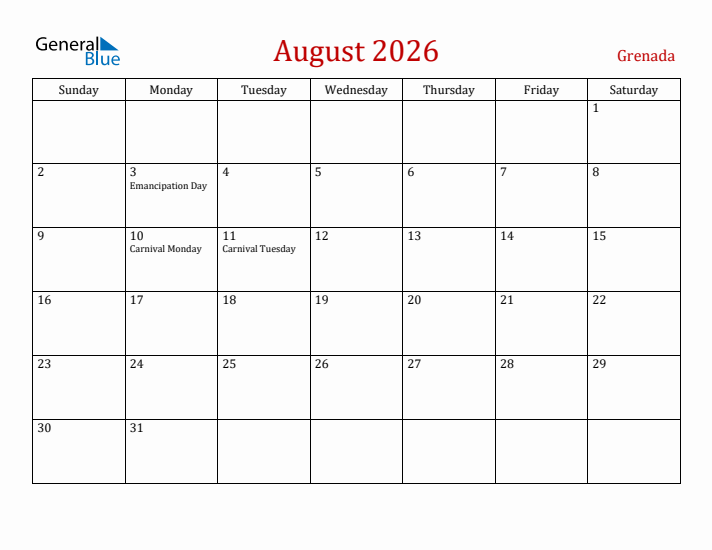 Grenada August 2026 Calendar - Sunday Start