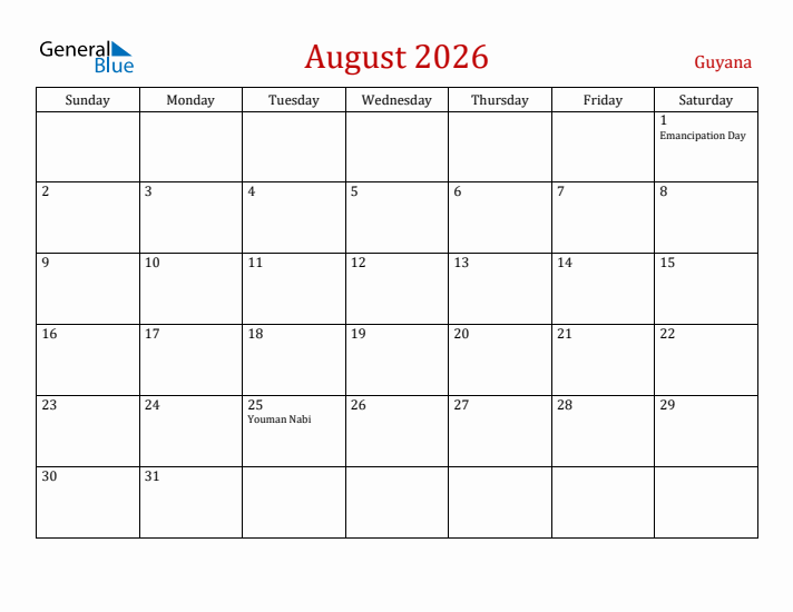 Guyana August 2026 Calendar - Sunday Start