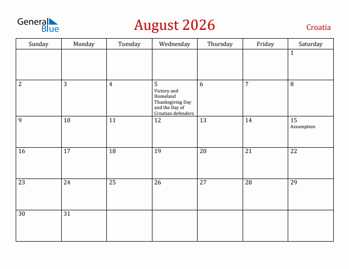 Croatia August 2026 Calendar - Sunday Start