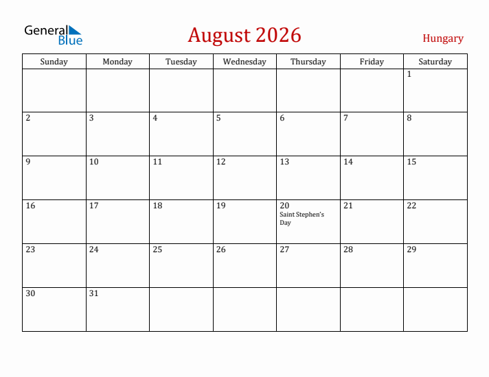 Hungary August 2026 Calendar - Sunday Start