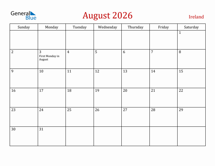 Ireland August 2026 Calendar - Sunday Start