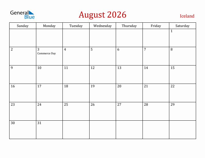 Iceland August 2026 Calendar - Sunday Start