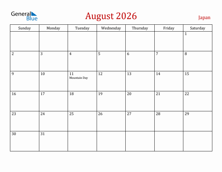Japan August 2026 Calendar - Sunday Start