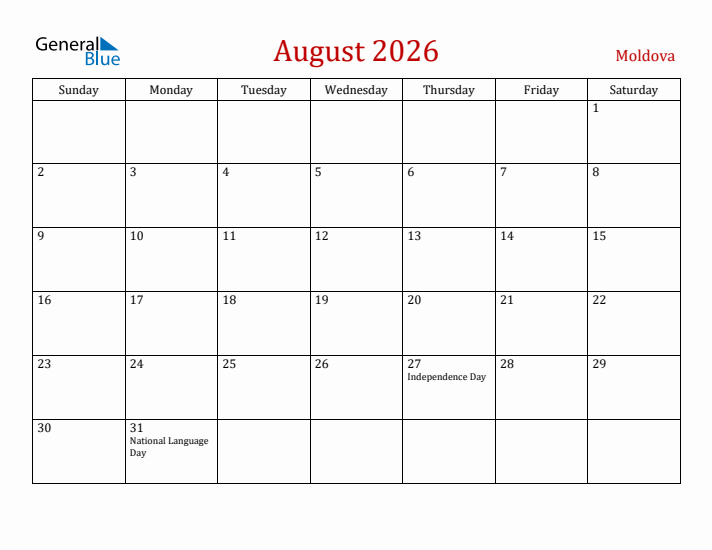 Moldova August 2026 Calendar - Sunday Start