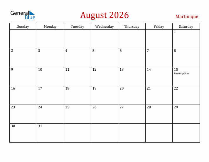 Martinique August 2026 Calendar - Sunday Start