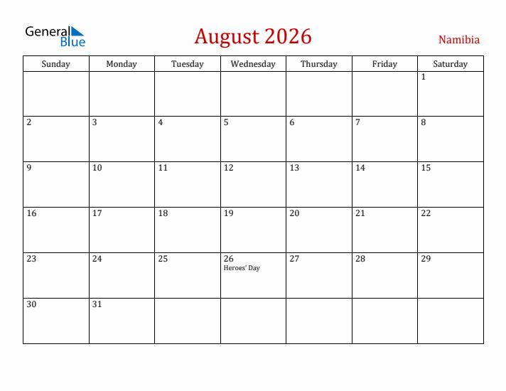 Namibia August 2026 Calendar - Sunday Start