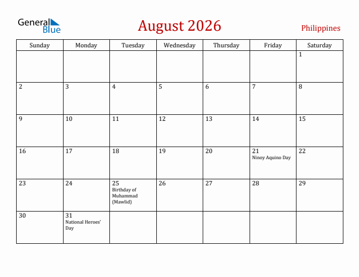 Philippines August 2026 Calendar - Sunday Start