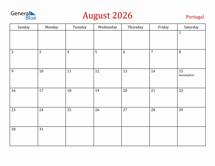 Portugal August 2026 Calendar - Sunday Start