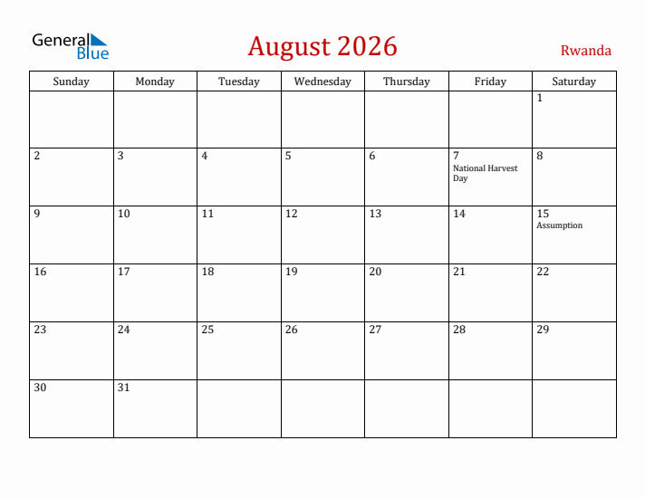 Rwanda August 2026 Calendar - Sunday Start