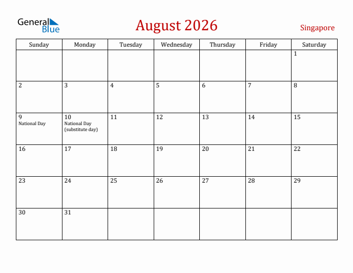 Singapore August 2026 Calendar - Sunday Start