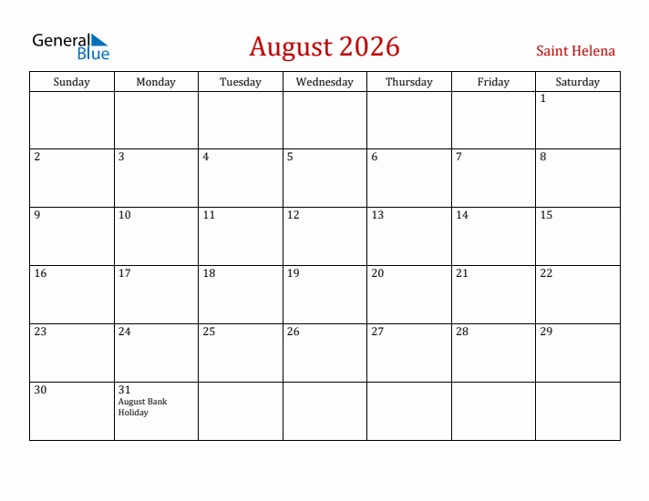 Saint Helena August 2026 Calendar - Sunday Start