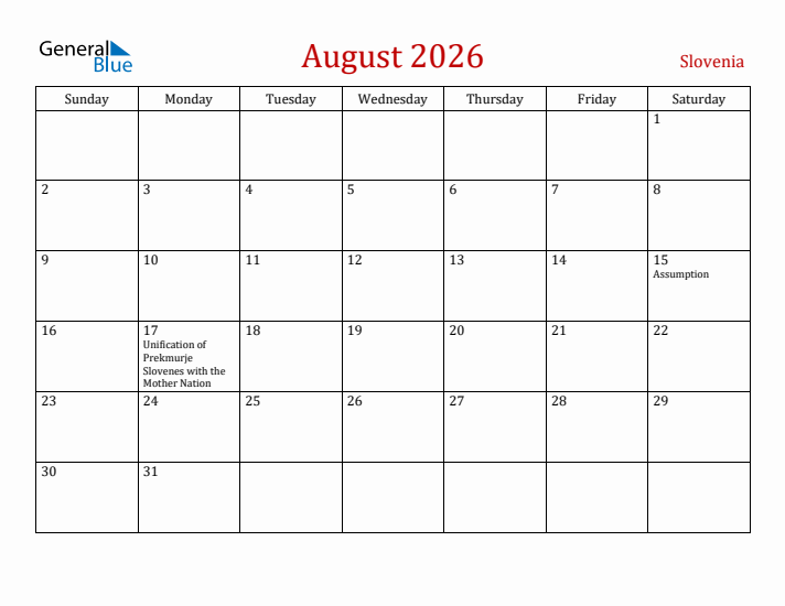 Slovenia August 2026 Calendar - Sunday Start