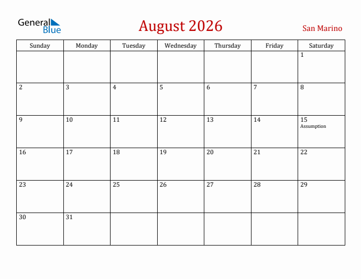 San Marino August 2026 Calendar - Sunday Start