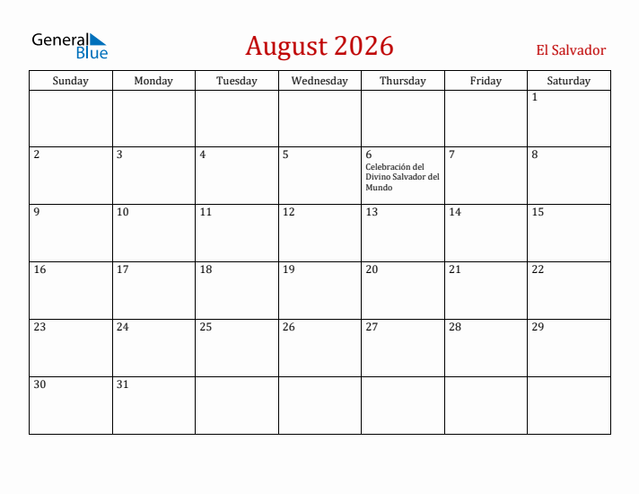 El Salvador August 2026 Calendar - Sunday Start