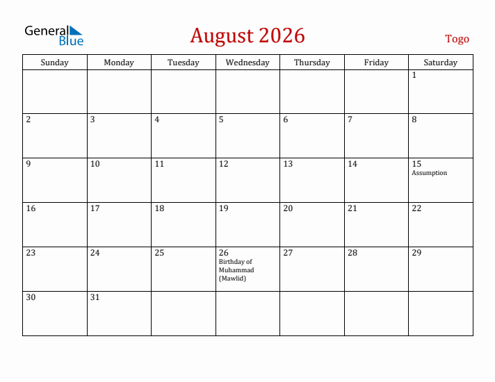 Togo August 2026 Calendar - Sunday Start