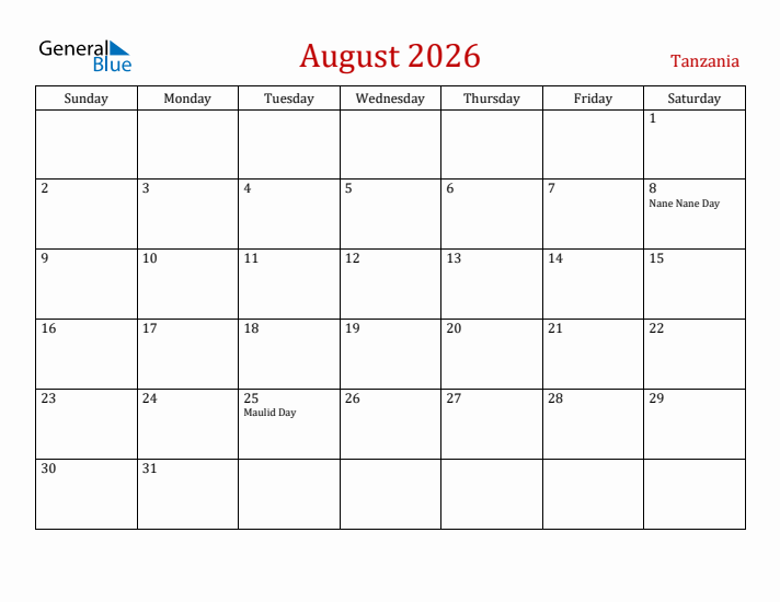 Tanzania August 2026 Calendar - Sunday Start