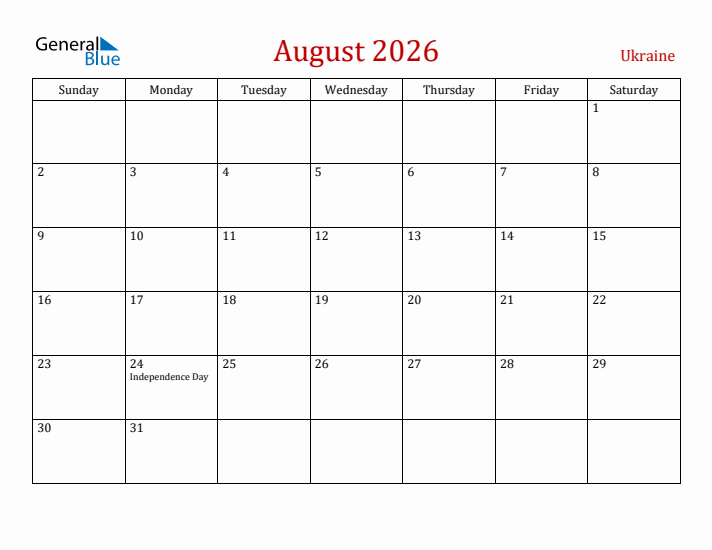 Ukraine August 2026 Calendar - Sunday Start