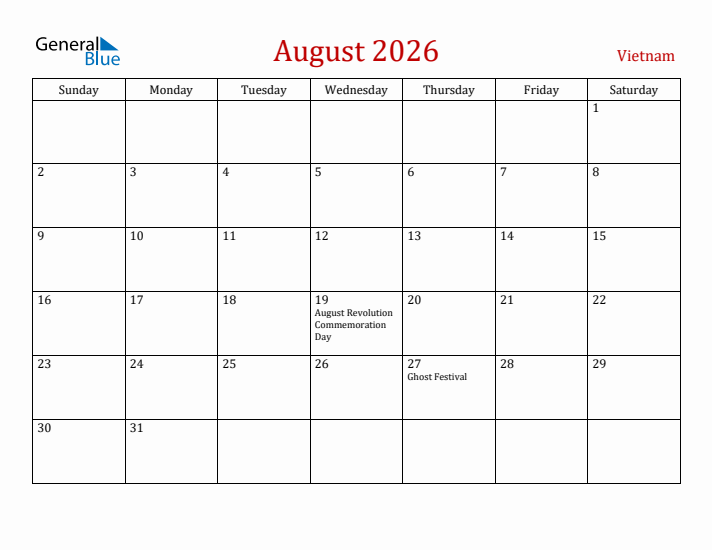 Vietnam August 2026 Calendar - Sunday Start