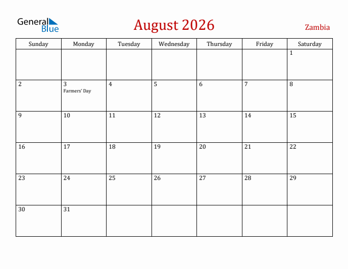 Zambia August 2026 Calendar - Sunday Start