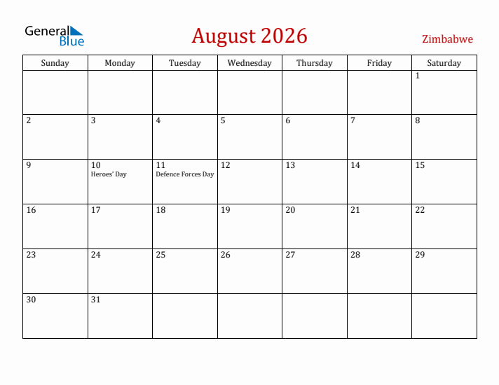 Zimbabwe August 2026 Calendar - Sunday Start