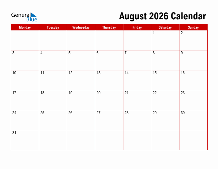 Simple Monthly Calendar - August 2026