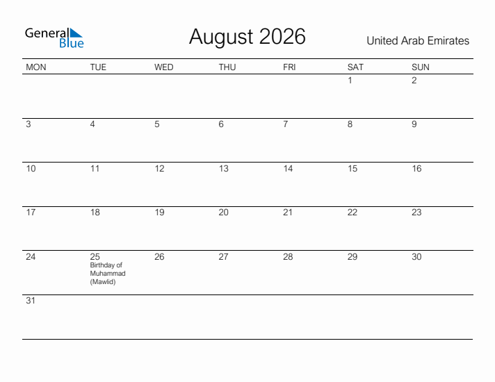 Printable August 2026 Calendar for United Arab Emirates