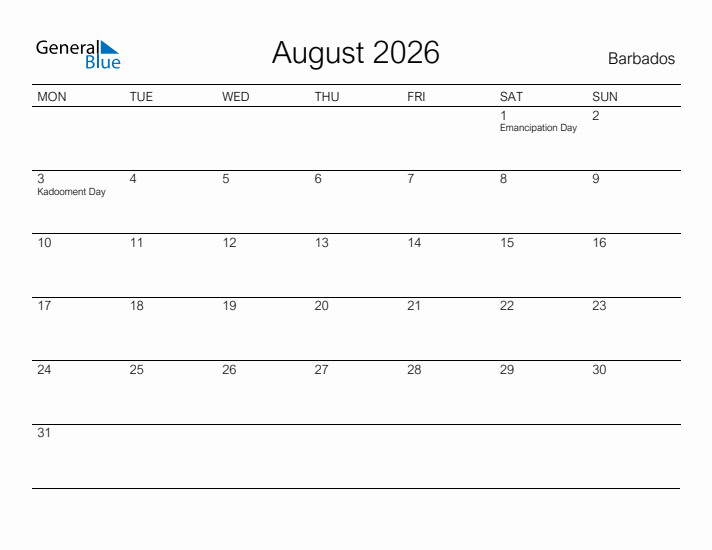 Printable August 2026 Calendar for Barbados