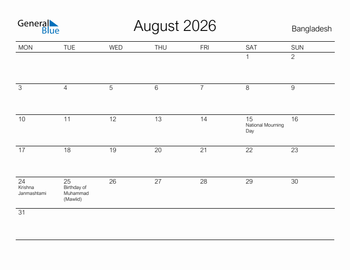 Printable August 2026 Calendar for Bangladesh