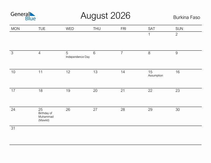 Printable August 2026 Calendar for Burkina Faso