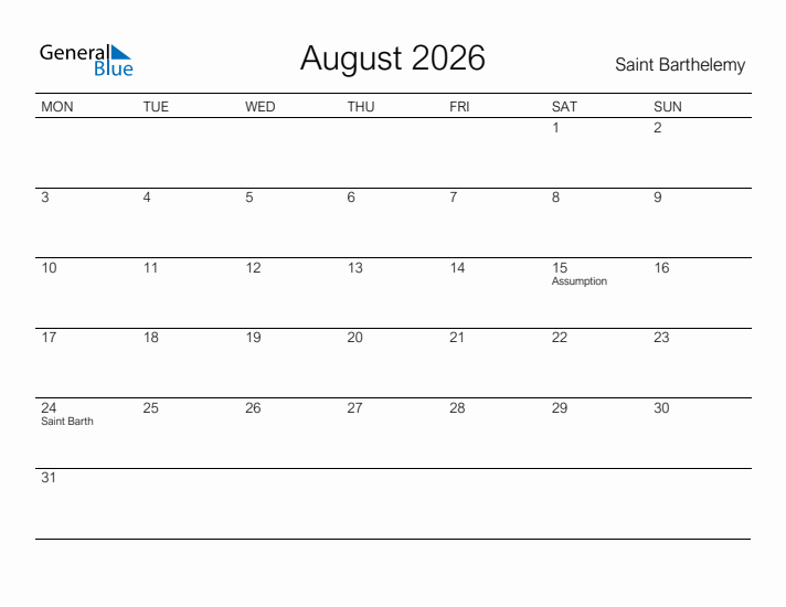 Printable August 2026 Calendar for Saint Barthelemy