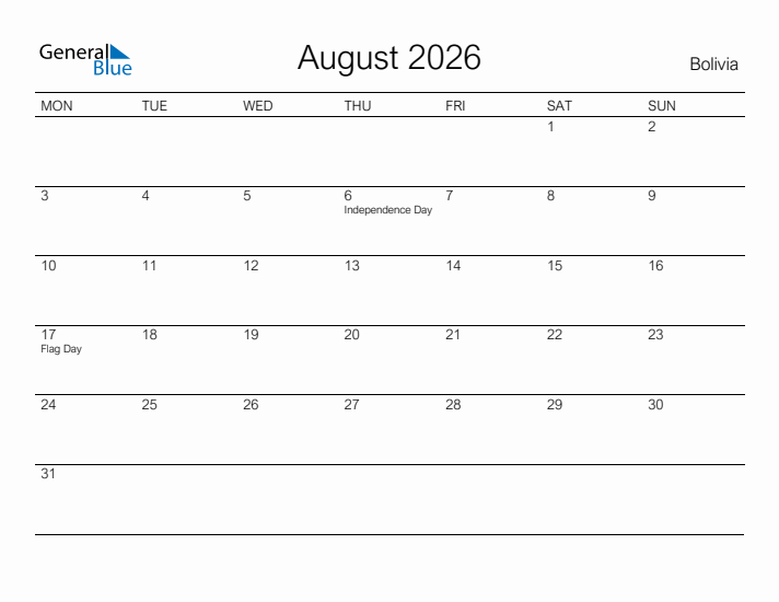 Printable August 2026 Calendar for Bolivia
