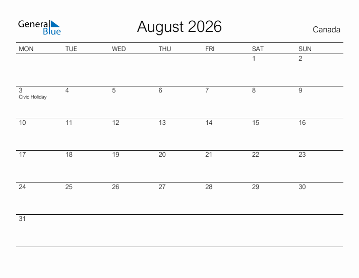 Printable August 2026 Calendar for Canada
