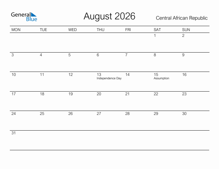 Printable August 2026 Calendar for Central African Republic
