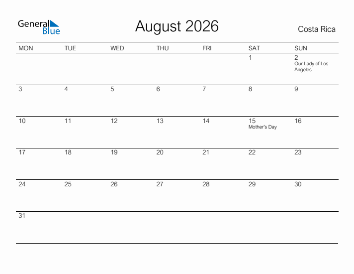 Printable August 2026 Calendar for Costa Rica