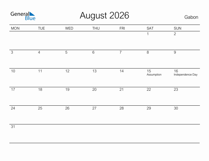 Printable August 2026 Calendar for Gabon