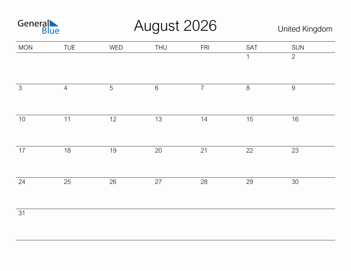 Printable August 2026 Monthly Calendar with Holidays for United Kingdom