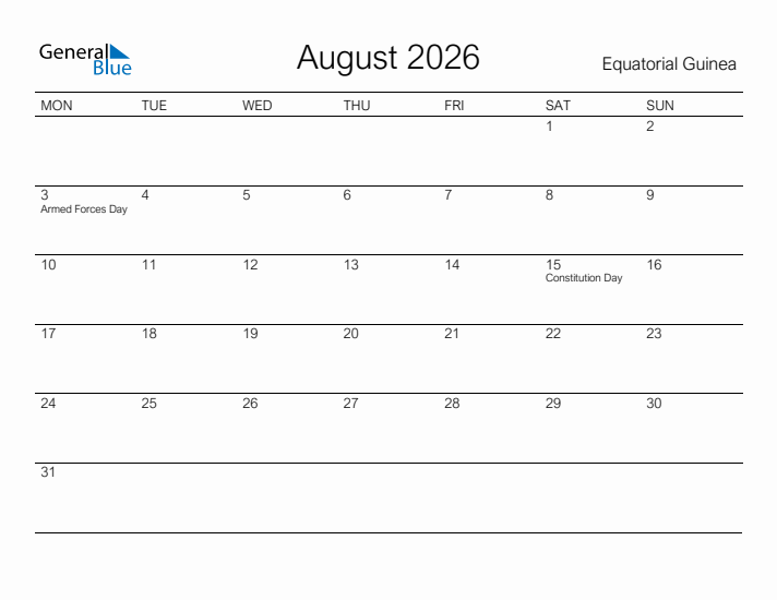 Printable August 2026 Calendar for Equatorial Guinea