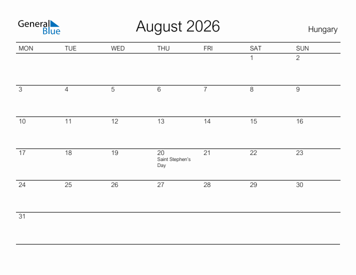 Printable August 2026 Calendar for Hungary