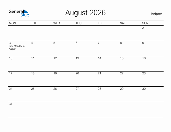 Printable August 2026 Calendar for Ireland