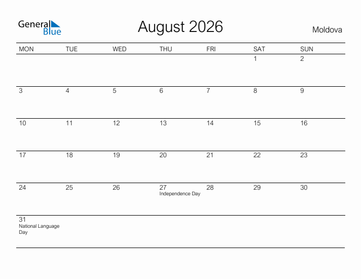 Printable August 2026 Calendar for Moldova